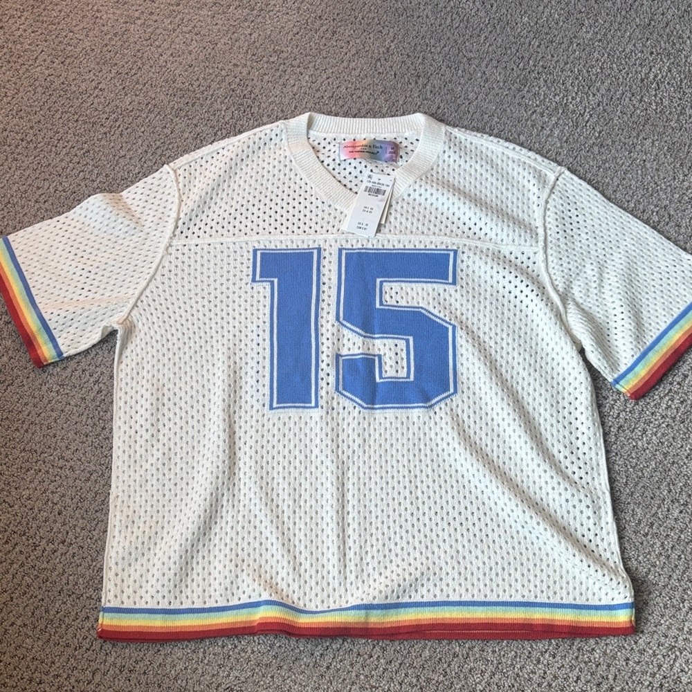 Abercrombie & Fitch White Mesh Tee with Blue and Rainbow Accents